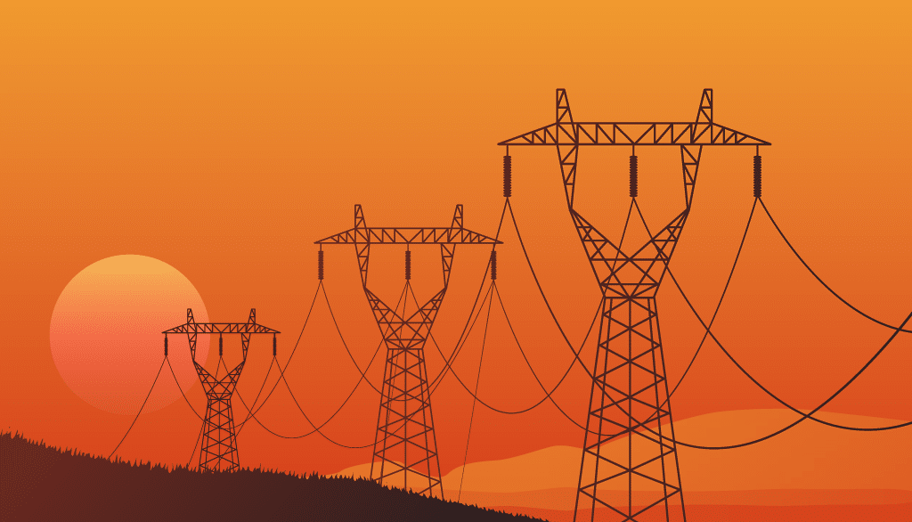Transmission towers drawing with orange sunset and dark brown grass featured image