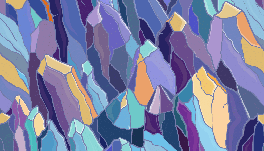 Purple, blue, and yellow colored crystals drawing featured image