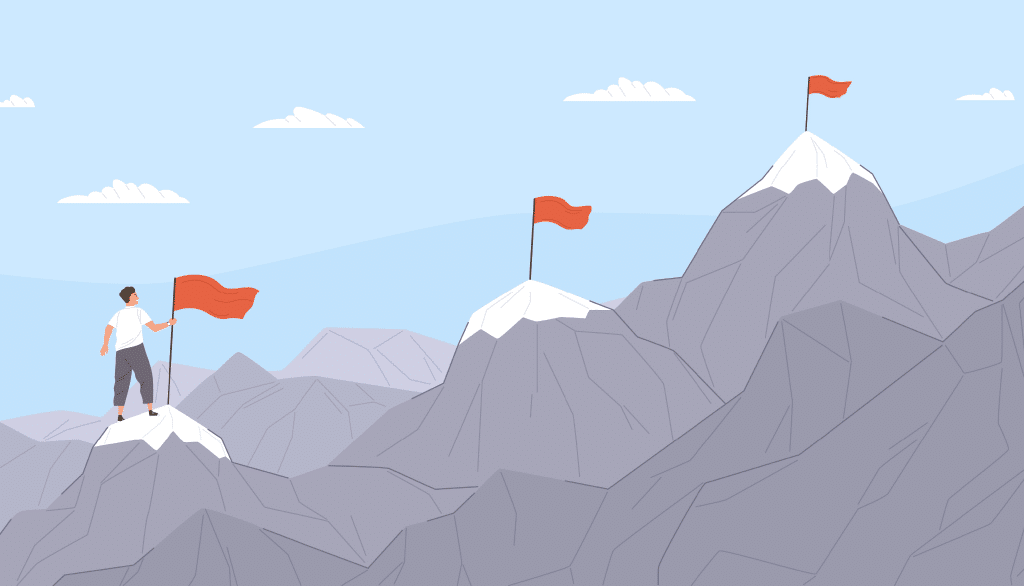 Person in white shirt and grey shorts standing on one of three a mountains topped in snow and a red flag roadblock 66.29 KB for Facebook Meta