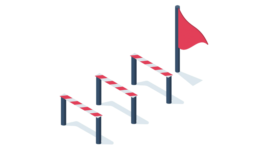 Hurdle fences that lead to a red flag waving on a black pole featured image