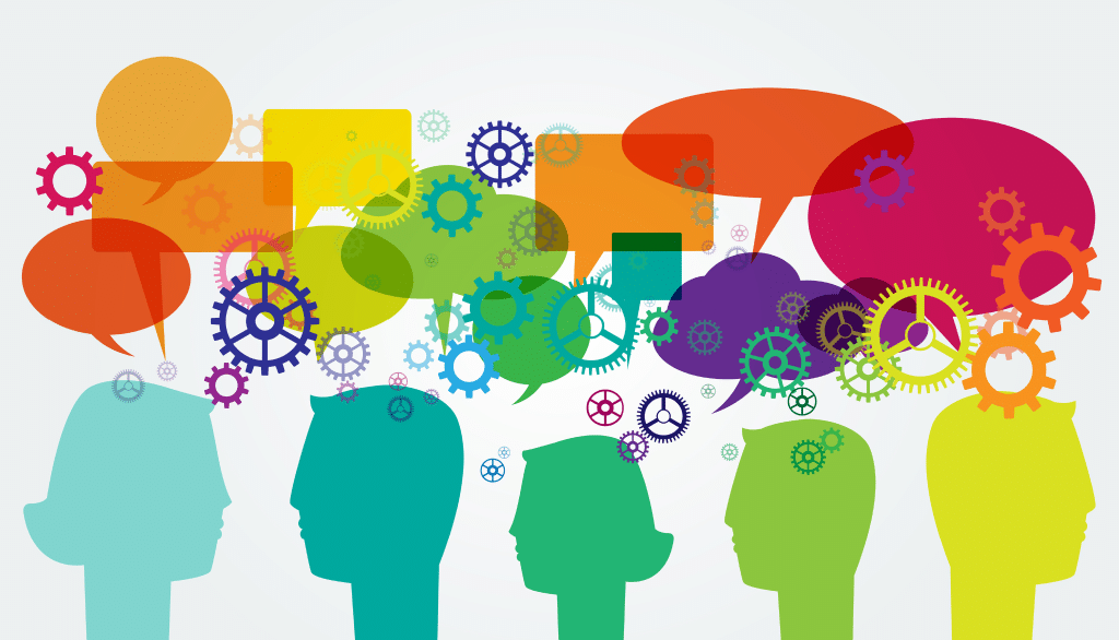 People thinking rainbow colored people heads with speech bubbles and gears above featured image