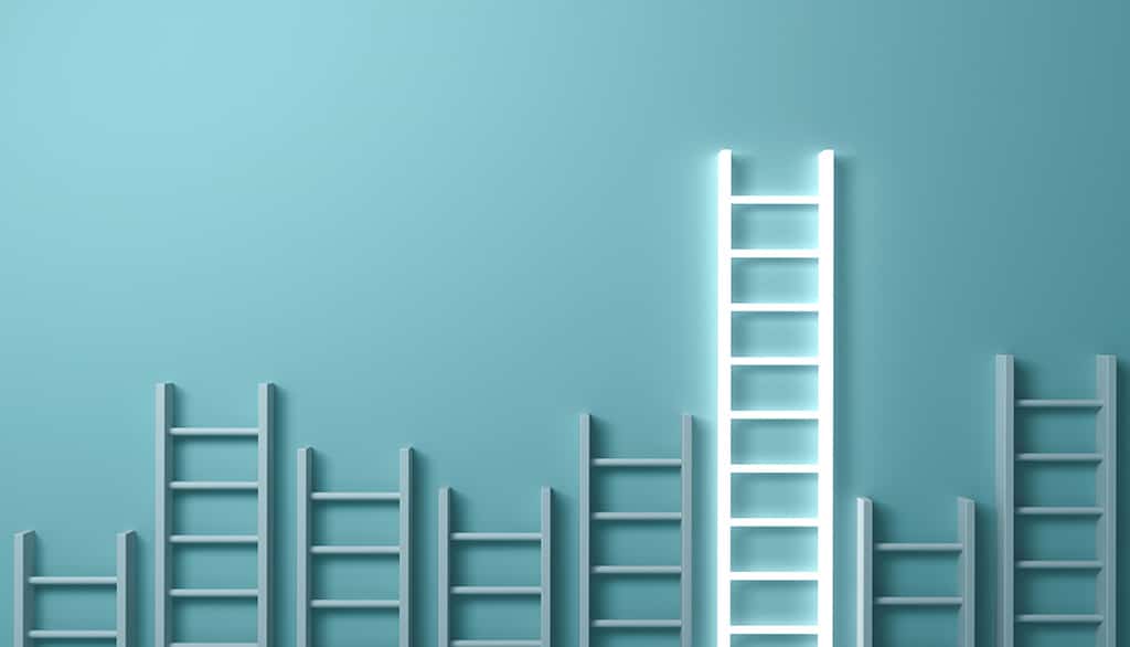 blue ladders and single white, tallest latter on a light aqua background