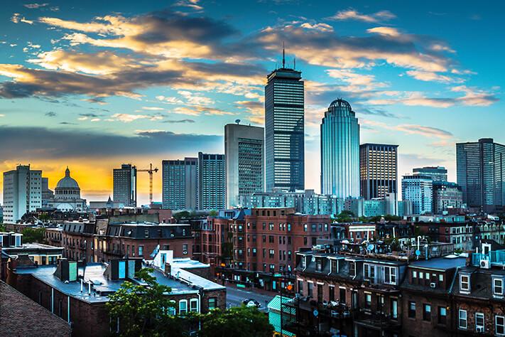 Blue green tall buildings in Boston