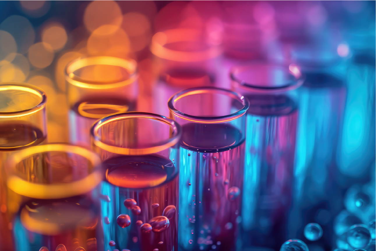 Colorful test tubes with glowing blue, pink, and orange liquids. Bubbles are visible inside, indicating chemical reactions. The background is blurry with colorful lights.