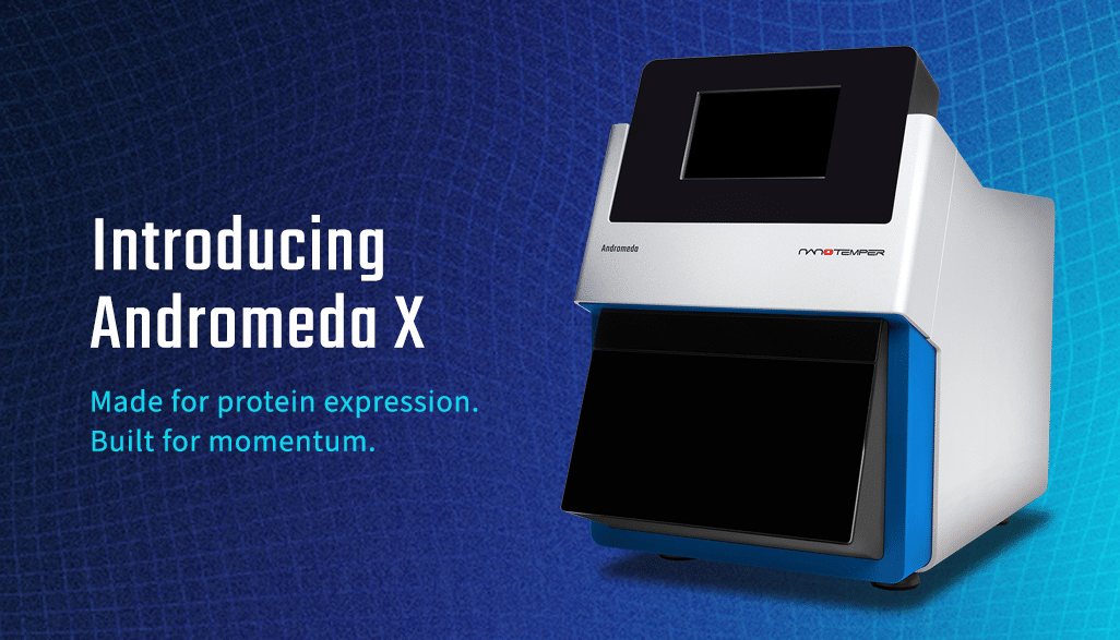 Image of the Andromeda X instrument with text: 'Introducing Andromeda X - Made for protein expression. Built for momentum.' The machine has a blue and silver design against a blue background.