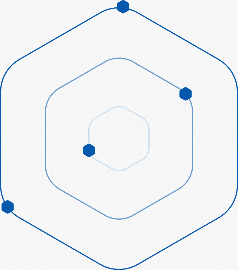 Concentric hexagon outline icon with four dots, at top, center-right, center, and lower-left