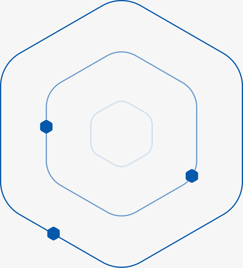 Concentric hexagon outline icon with three dots, one on the left, one center-right, and one at the bottom