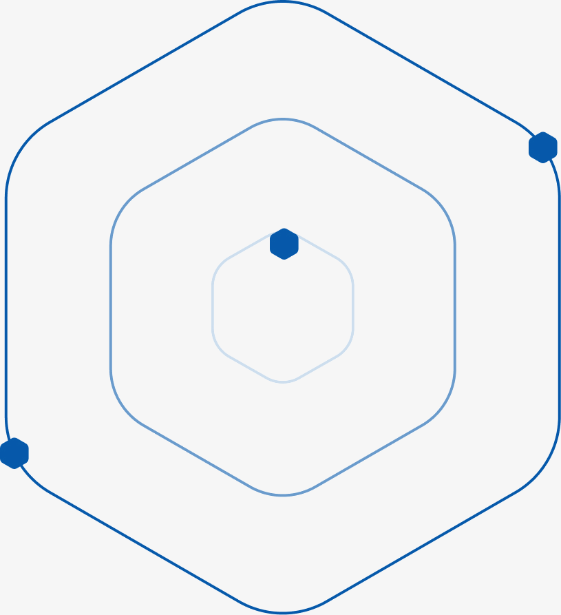 Concentric hexagon outline icon with three dots, one upper-right, one lower-left, and one at center