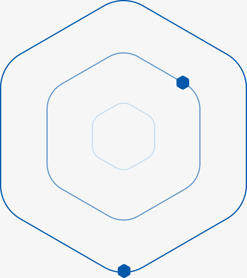 Concentric hexagon outline icon with two dots, one center-right and one at the bottom