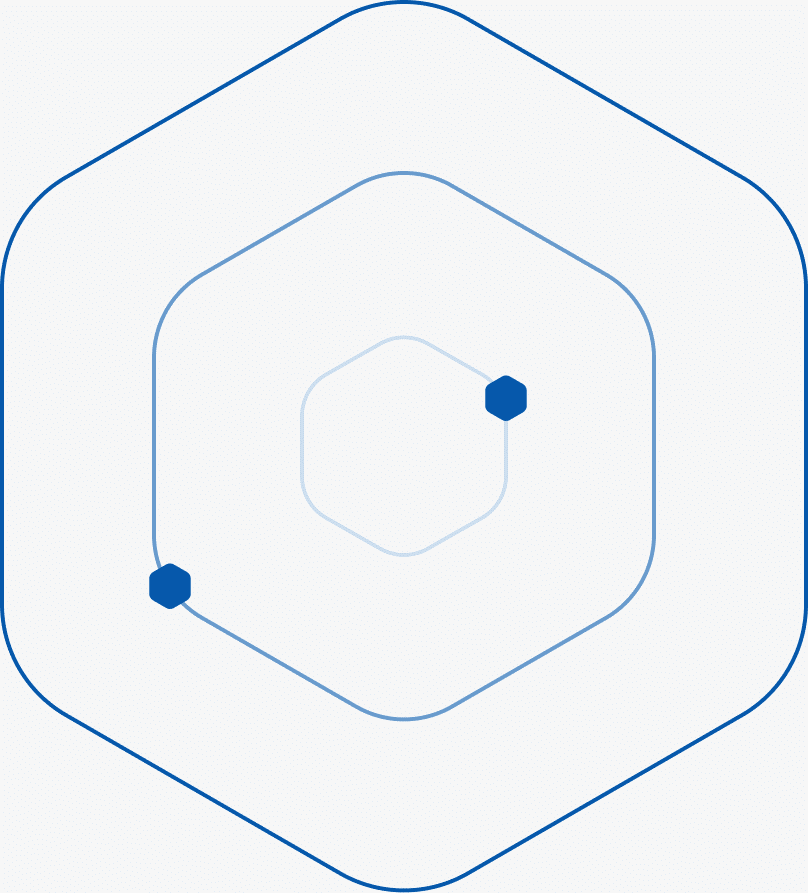 Concentric hexagon outline icon with two dots, one center-right and one lower-left