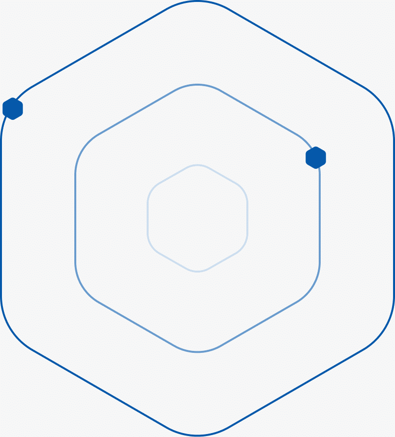 Concentric hexagon outline icon with two dots, one upper-left and one center-right